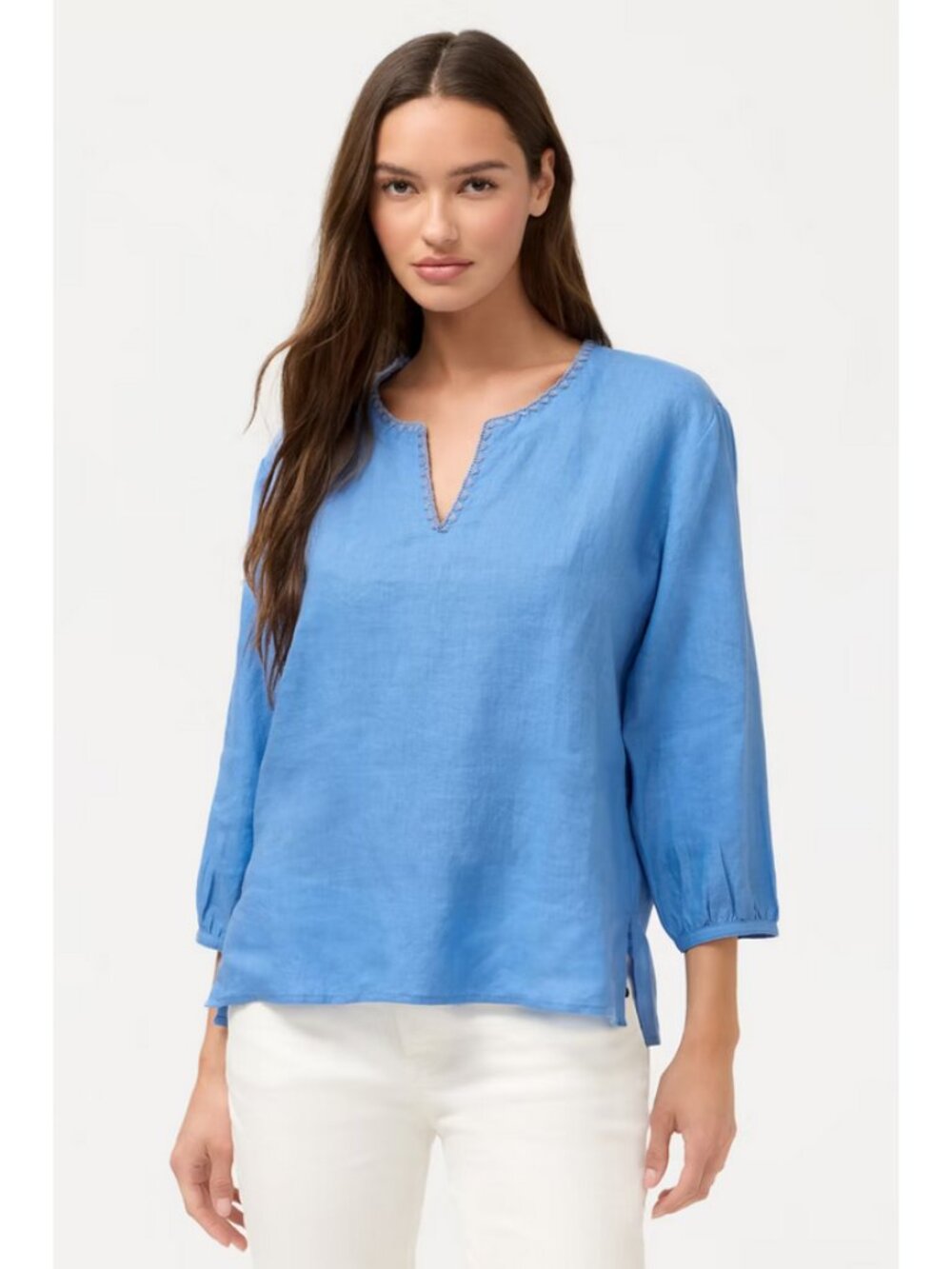 Johnny Was Sz. L Della Robbia Blue Split Neck Linen Blouse